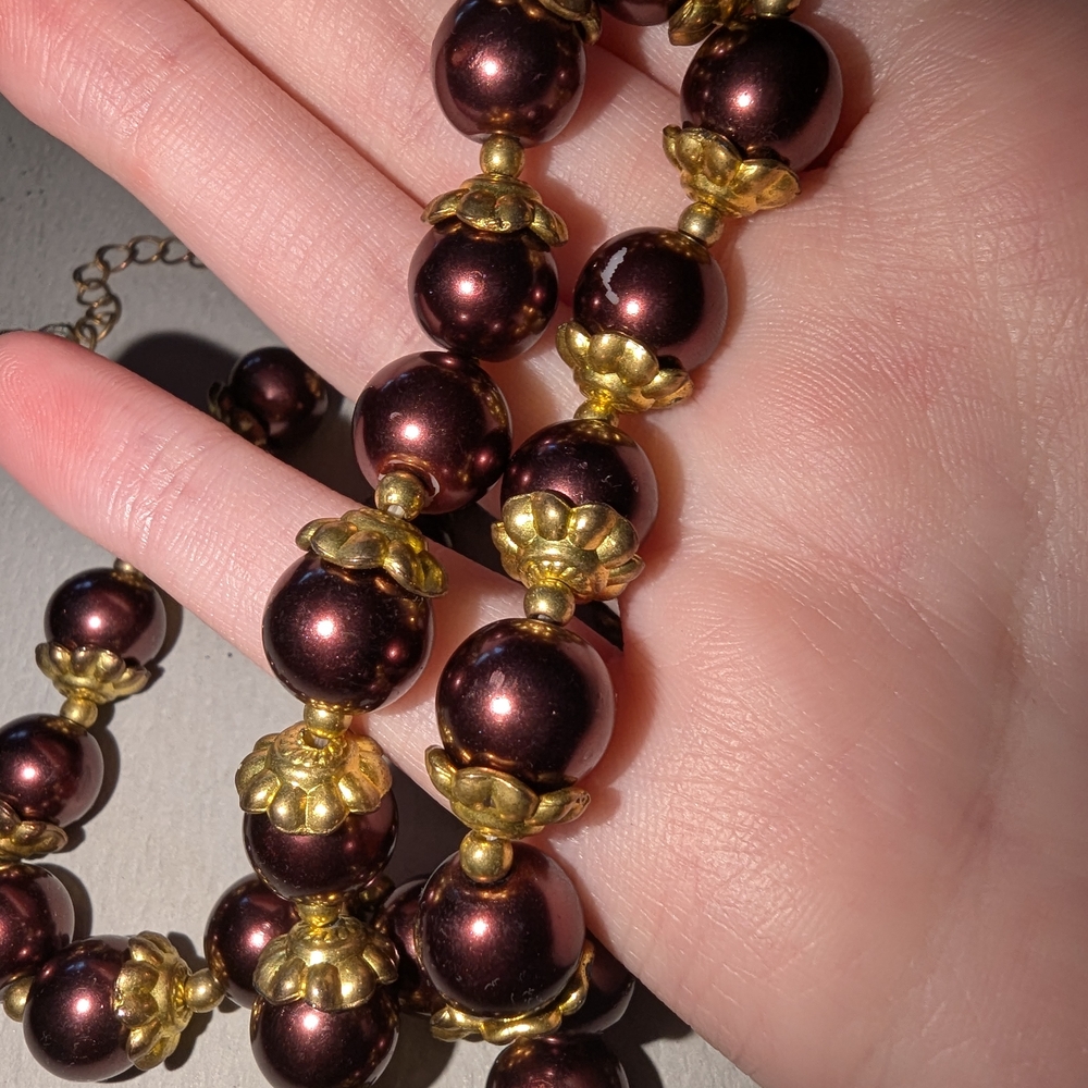 Gold and Burgundy Beaded Necklace
